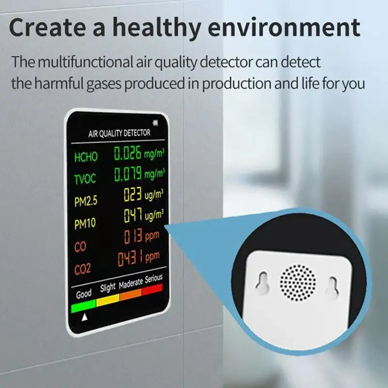 6-in-1 Air Quality Detector – PM2.5, PM10, HCHO, TVOC, CO, CO2 Monitor