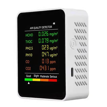 6-in-1 Air Quality Detector – PM2.5, PM10, HCHO, TVOC, CO, CO2 Monitor