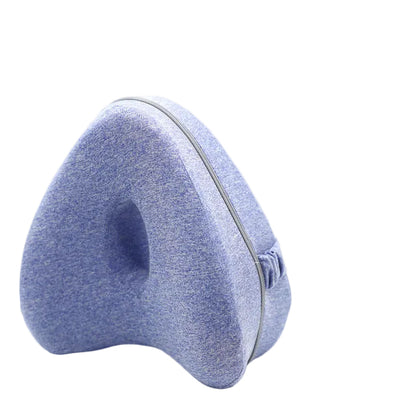 Heart-shaped memory foam leg pillow with blue cationic fabric and strap design on a white background.