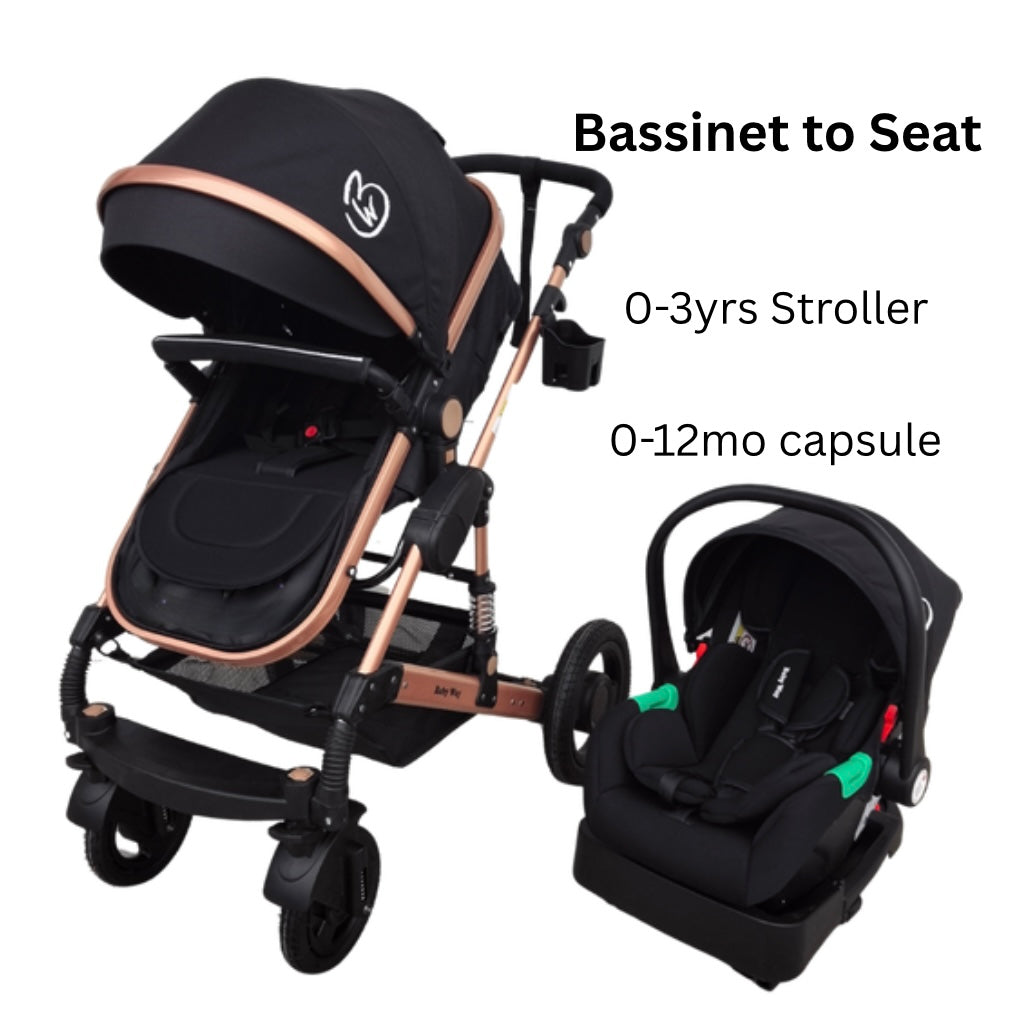 Ultra - 3 in 1 Stroller + Bassinet + Capsule Combo with Sunshade Sets and Food Tray - Black Gold