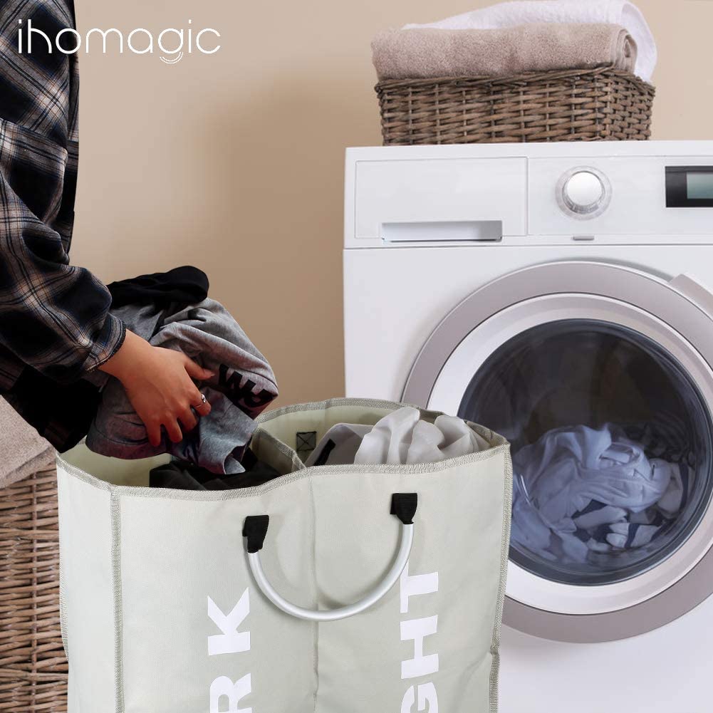 2 Sections Laundry Hamper Collapsible Laundry Bag 60L Foldable Laundry Basket