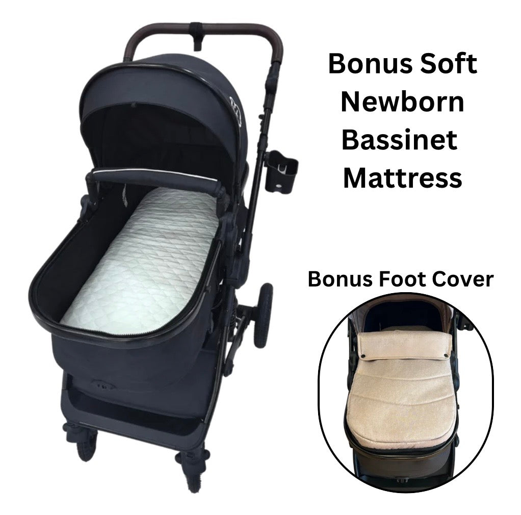Preorder - Supra Black - 3in1 Stroller + Bassinet + Capsule Travel System with Sunshade Sets and Food Tray & Beige Colour Pack
