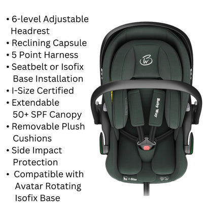 Crown i-Size Capsule Car Seat – Reclining Capsule with 6-Level Adjustable Headrest - Olive