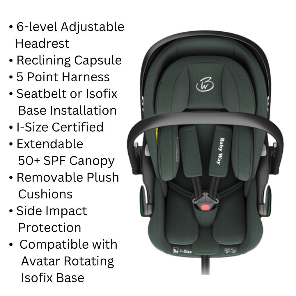 Crown i-Size Capsule Car Seat – Reclining Capsule with 6-Level Adjustable Headrest - Olive