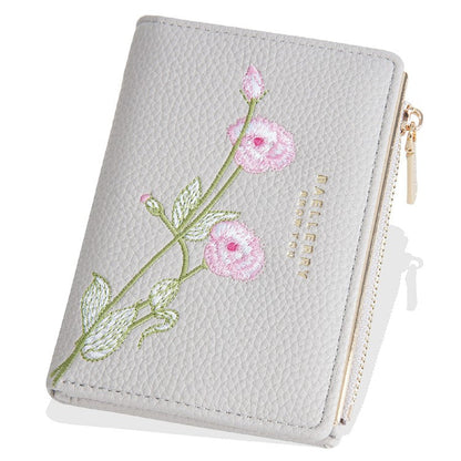 BAELLERRY N8344 Small Wallet Floral Embroidery PU Leather Zipper Pocket Coin Purse Card Holder