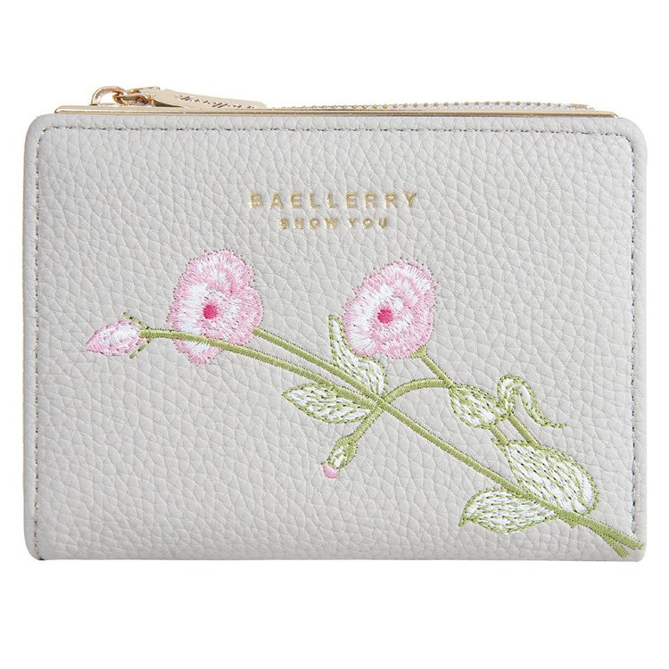 BAELLERRY N8344 Small Wallet Floral Embroidery PU Leather Zipper Pocket Coin Purse Card Holder