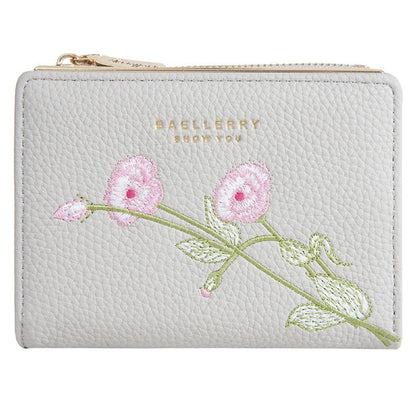 BAELLERRY N8344 Small Wallet Floral Embroidery PU Leather Zipper Pocket Coin Purse Card Holder