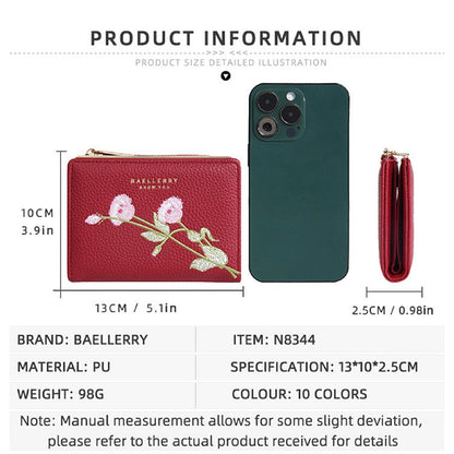 BAELLERRY N8344 Small Wallet Floral Embroidery PU Leather Zipper Pocket Coin Purse Card Holder