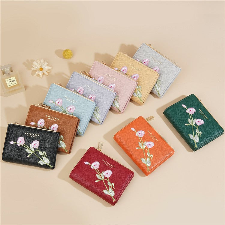 BAELLERRY N8344 Small Wallet Floral Embroidery PU Leather Zipper Pocket Coin Purse Card Holder
