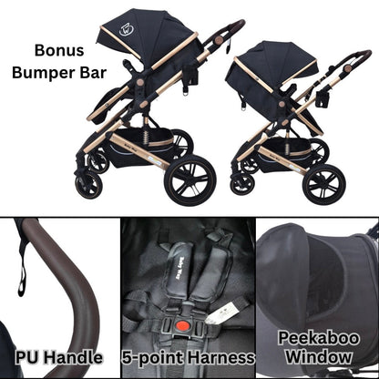 Preorder - Supra Gold - 3 in 1 Stroller Buggy + Bassinet + Capsule Car Seat Combo with Mattress, Food Tray and Grey Skin