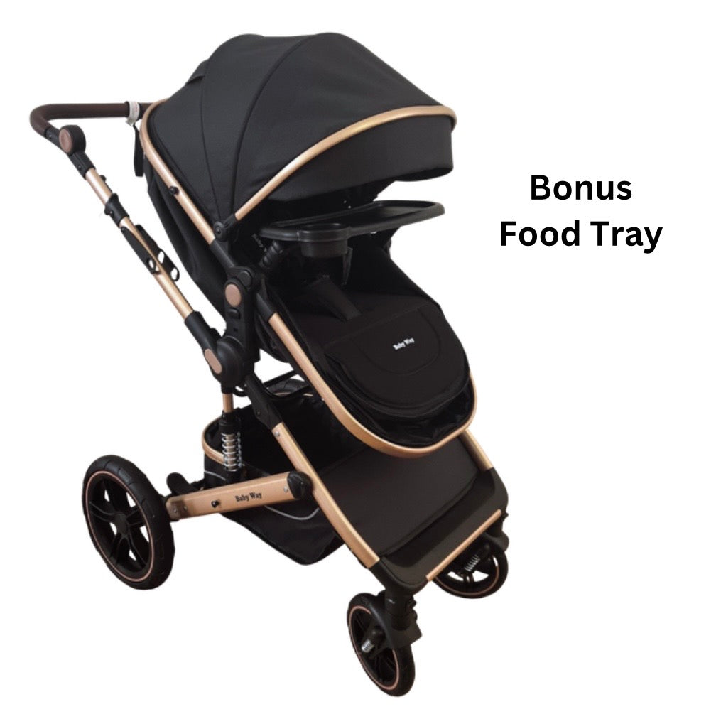 Preorder - Supra Gold 3-in-1 Travel System – Stroller Buggy + Bassinet + Capsule Car Seat and Mattress, Food Tray - Black Gold