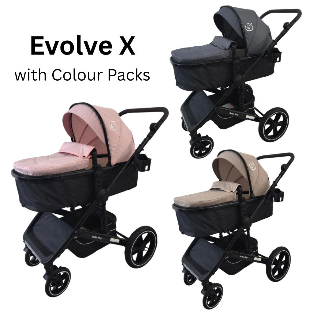 Evolve X - 3in1 Stroller + Bassinet + Capsule Travel System with Sunshade Sets and Food Tray