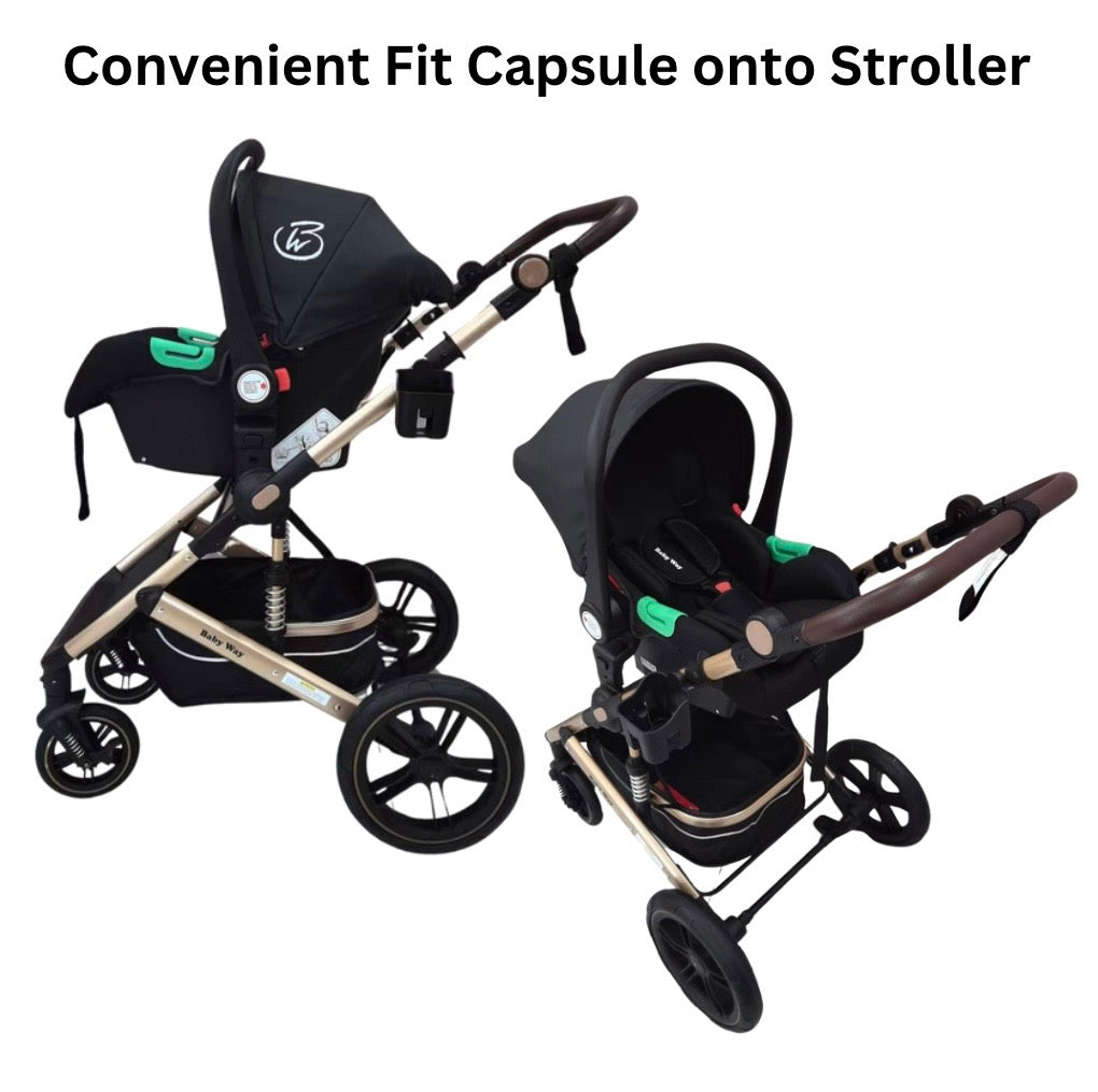 Preorder - Supra Gold - 3 in 1 Stroller Buggy + Bassinet + Capsule Car Seat Combo with Mattress, Food Tray and Grey Skin