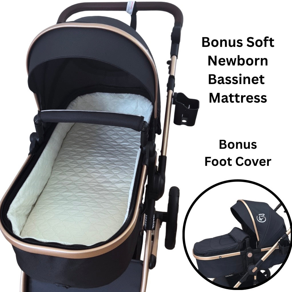 Preorder - Supra Gold 3-in-1 Travel System – Stroller Buggy + Bassinet + Capsule Car Seat and Mattress, Food Tray - Black Gold