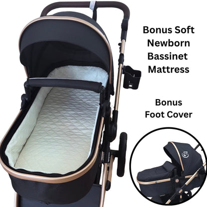 Preorder - Supra Gold 3-in-1 Travel System – Stroller Buggy + Bassinet + Capsule Car Seat and Mattress, Food Tray - Black Gold
