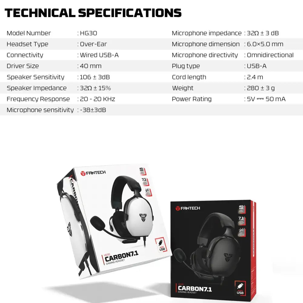 7.1 Wired Gaming Headset 40mm with Mic (available in Black & White)