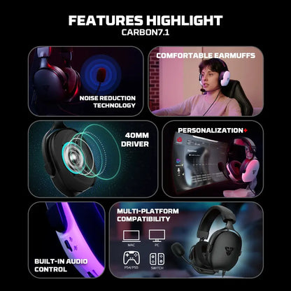 7.1 Wired Gaming Headset 40mm with Mic (available in Black & White)