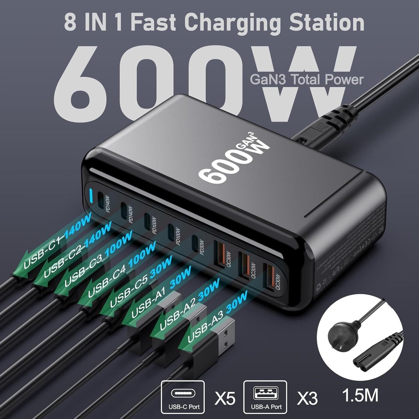600W Fast Charging Station HUB Wall Charger