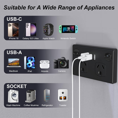USB Type C Wall Socket Power Point - Black