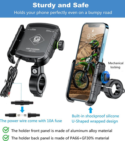 Motorcycle Motorbike Phone Mount Charger USB QC 3.0 36W Fast Charging Port