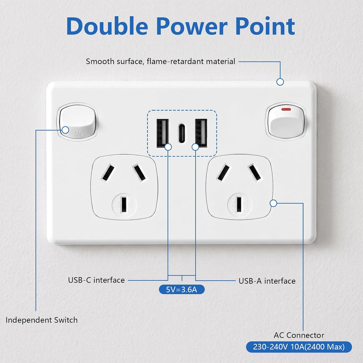 USB Type C Wall Socket Power Point - White