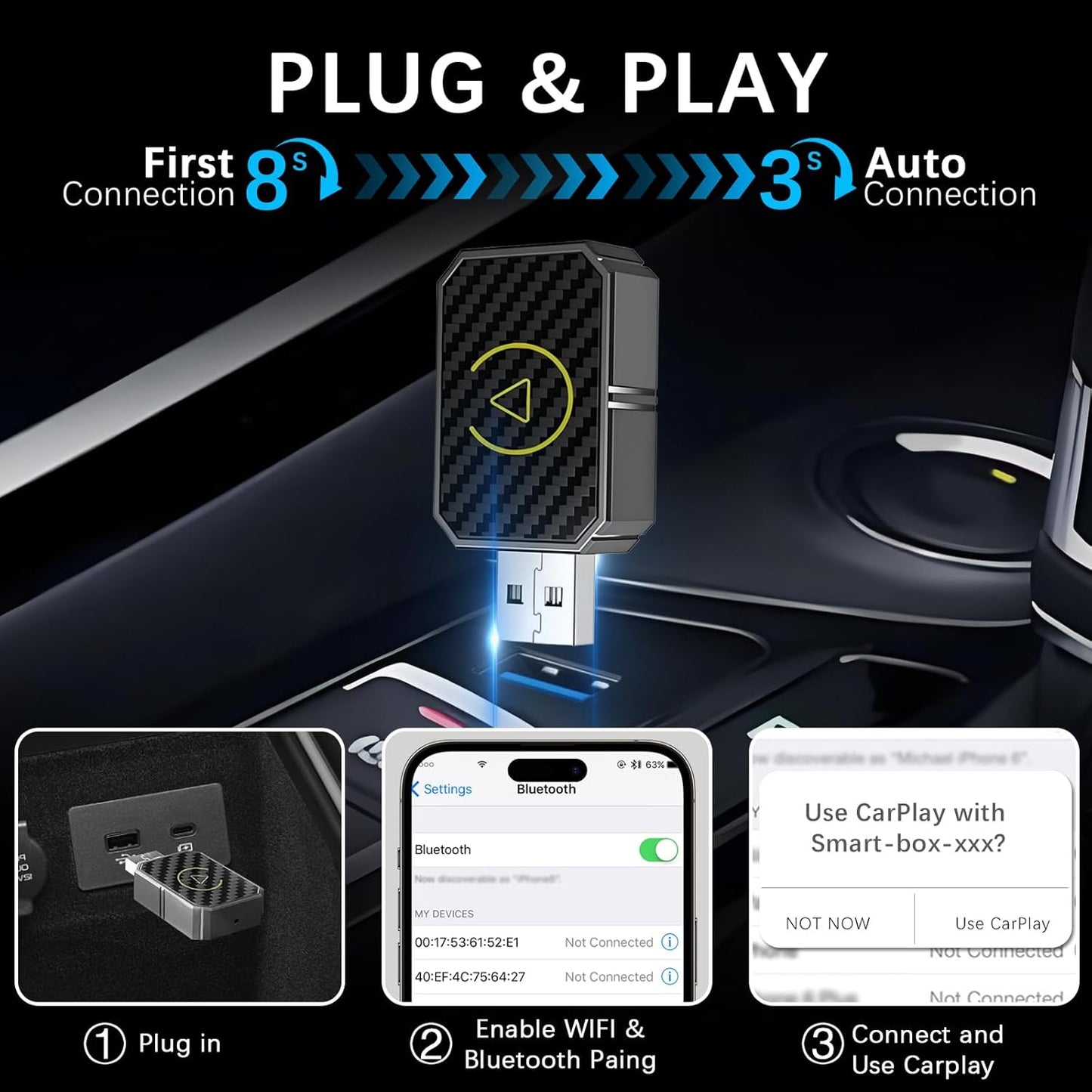 2 in 1 Wireless CarPlay and Android Auto Adapter, Easy Setup Plug and Play