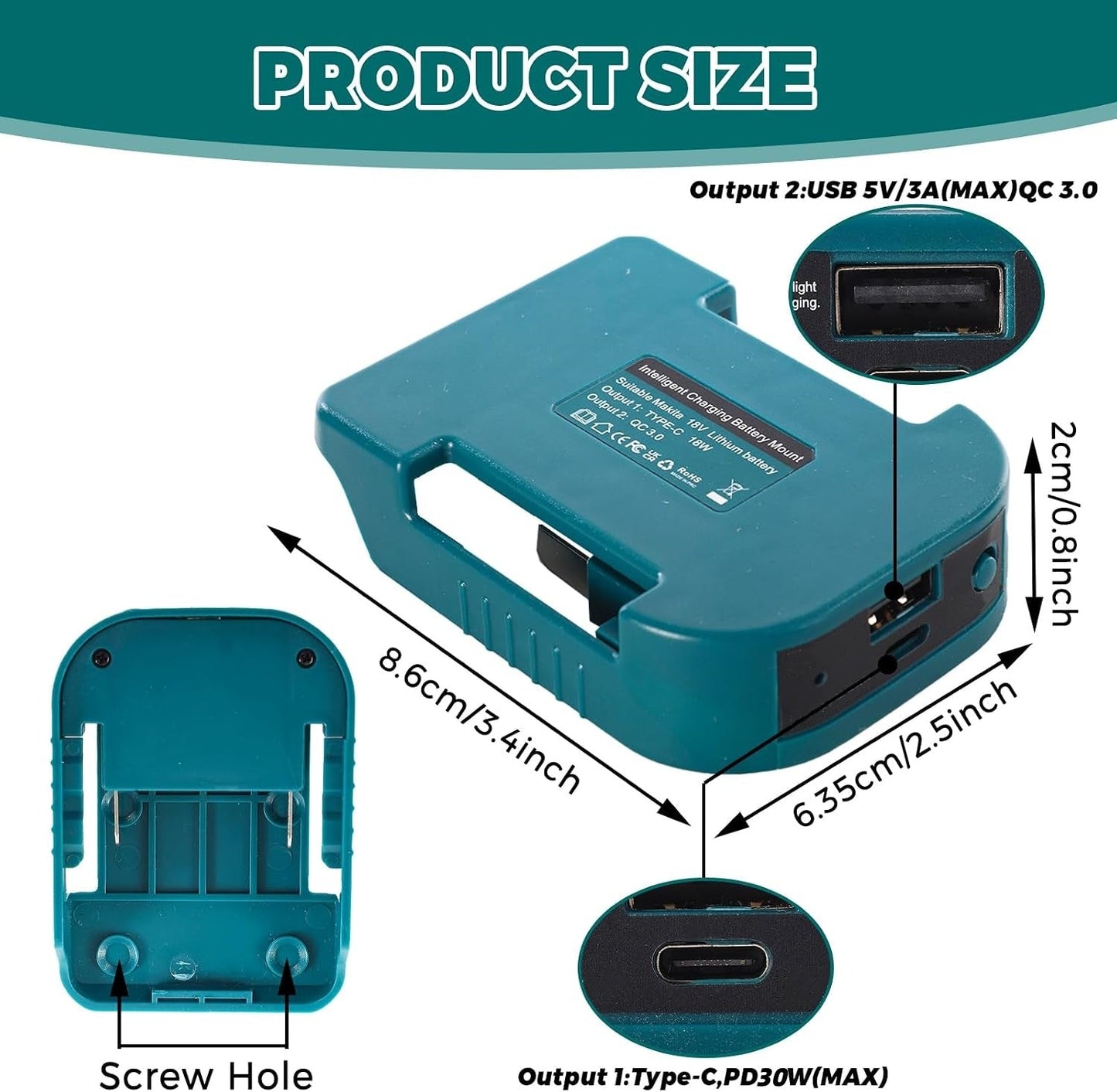 USB 30W Type-C Fast Charger Adapter for Makita 18V Battery