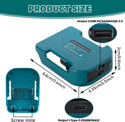 USB 30W Type-C Fast Charger Adapter for Makita 18V Battery