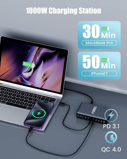 1000W 10-Port USB C Fast Charging Station Wall Adapter