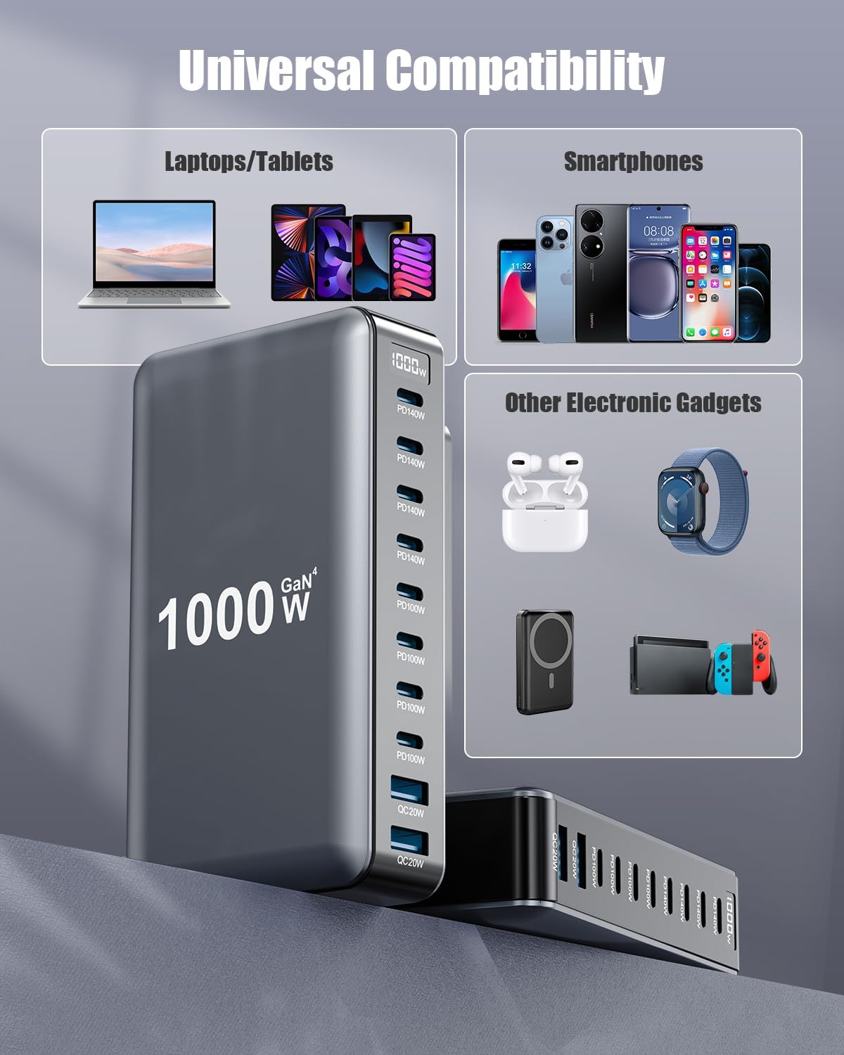 1000W 10-Port USB C Fast Charging Station Wall Adapter
