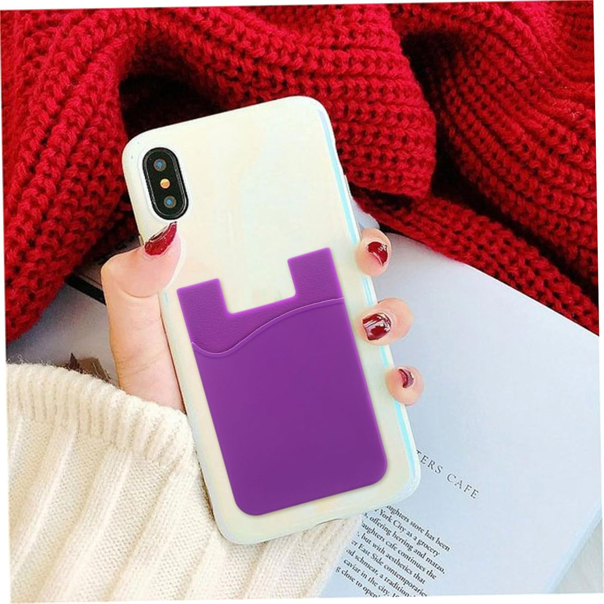 Purple Silicone Card Holder Pocket Case Wallet Pouch Sticker Cellphone Phone - salelink.co.nz