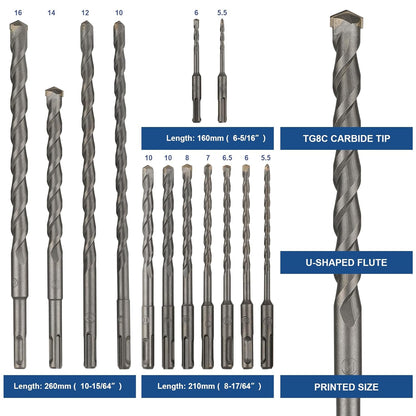 Rotary Hammer Drill Bits Set & Chisels Concrete Masonry Hole Tool 17pcs