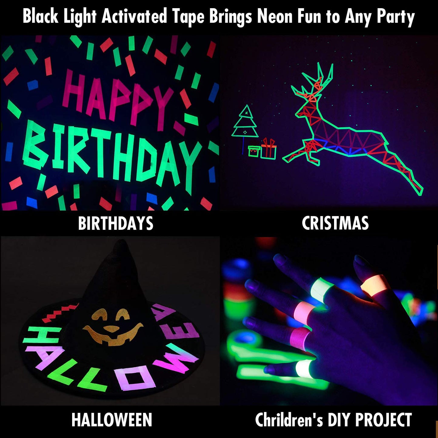 6 Colors Neon Cloth Tape Glow in Dark UV Light / Blacklight Tape