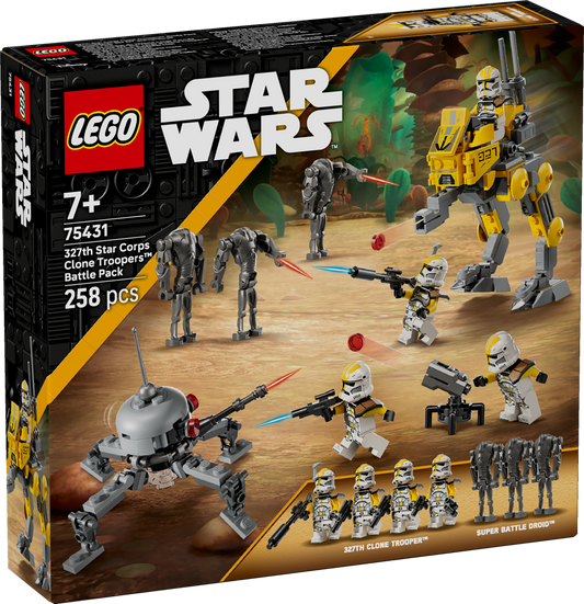 LEGO Star Wars 307th Star Corps Clone Troopers Battle Pack packaging with figures and robots on a wooden surface.