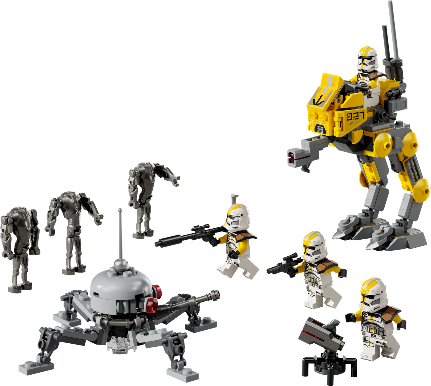 LEGO Star Wars set with various characters and vehicles on a white background