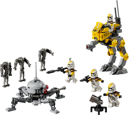 LEGO Star Wars set with various characters and vehicles on a white background