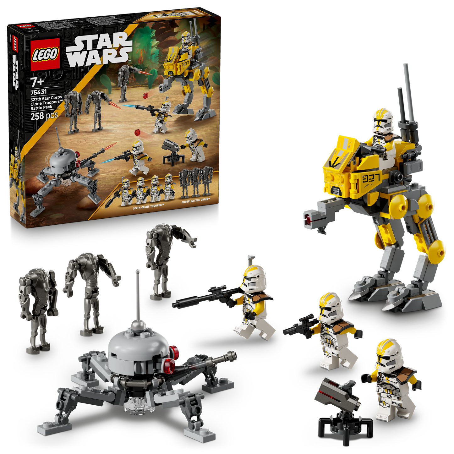 LEGO Star Wars: 327th Star Corps Clone Troopers set with figures and robot on a white background