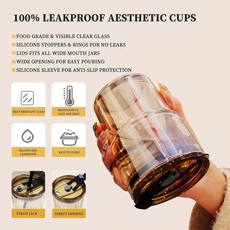 380ml Glass Water Bottle with Lid and Straw (1pc)