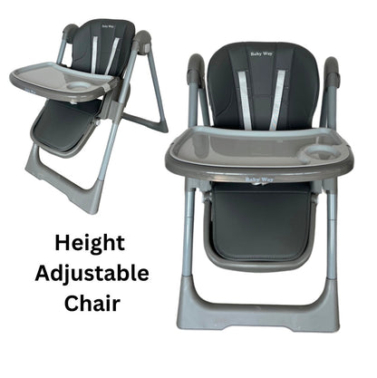 Elevate Adjustable and Folding High Chair with Locking Wheels and Storage Basket - GREY