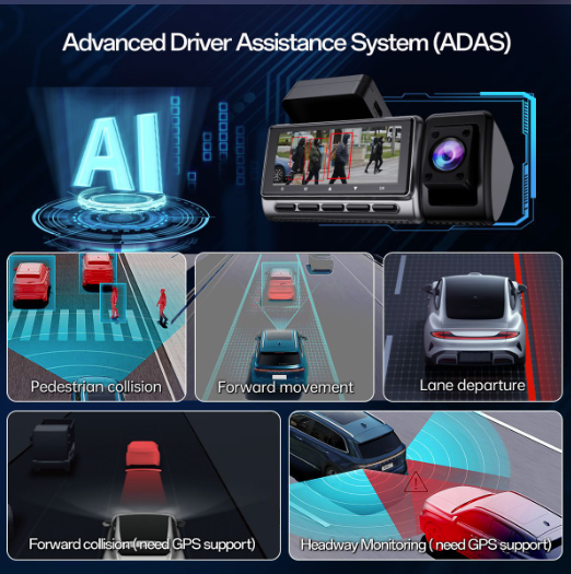 Dash Cam 3 Channel 2K+1080P+1080P Front Inside Rear