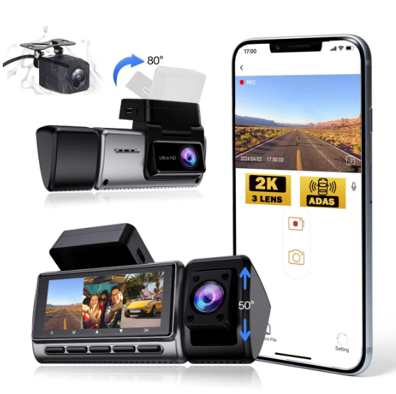 Dash Cam 3 Channel 2K+1080P+1080P Front Inside Rear