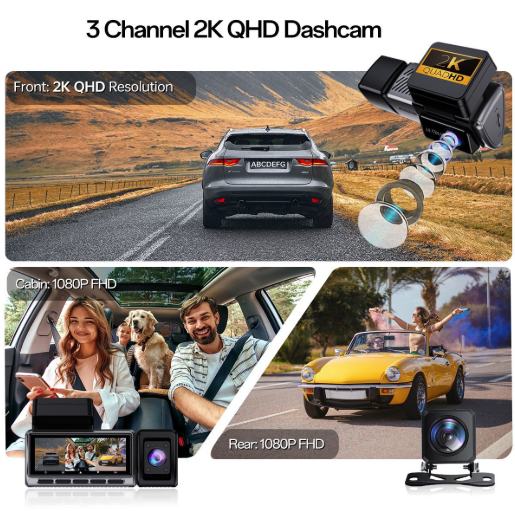 Dash Cam 3 Channel 2K+1080P+1080P Front Inside Rear