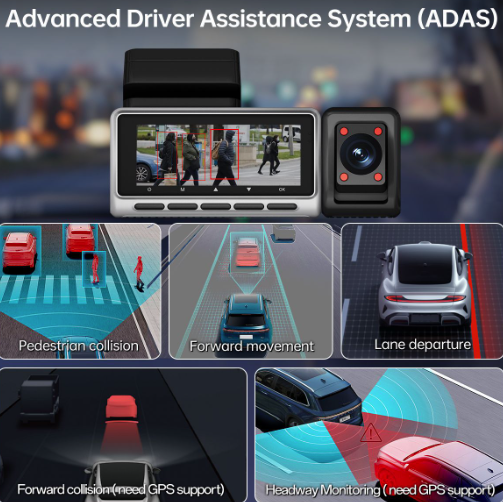 Dash Cam 3 Channel 2K+1080P+1080P Front Inside Rear