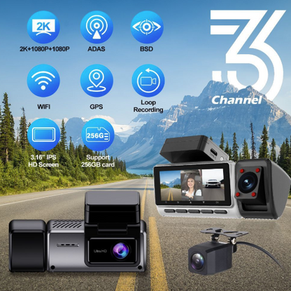 Dash Cam 3 Channel 2K+1080P+1080P Front Inside Rear