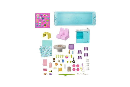 Collection of colorful toy furniture and accessories on a white background