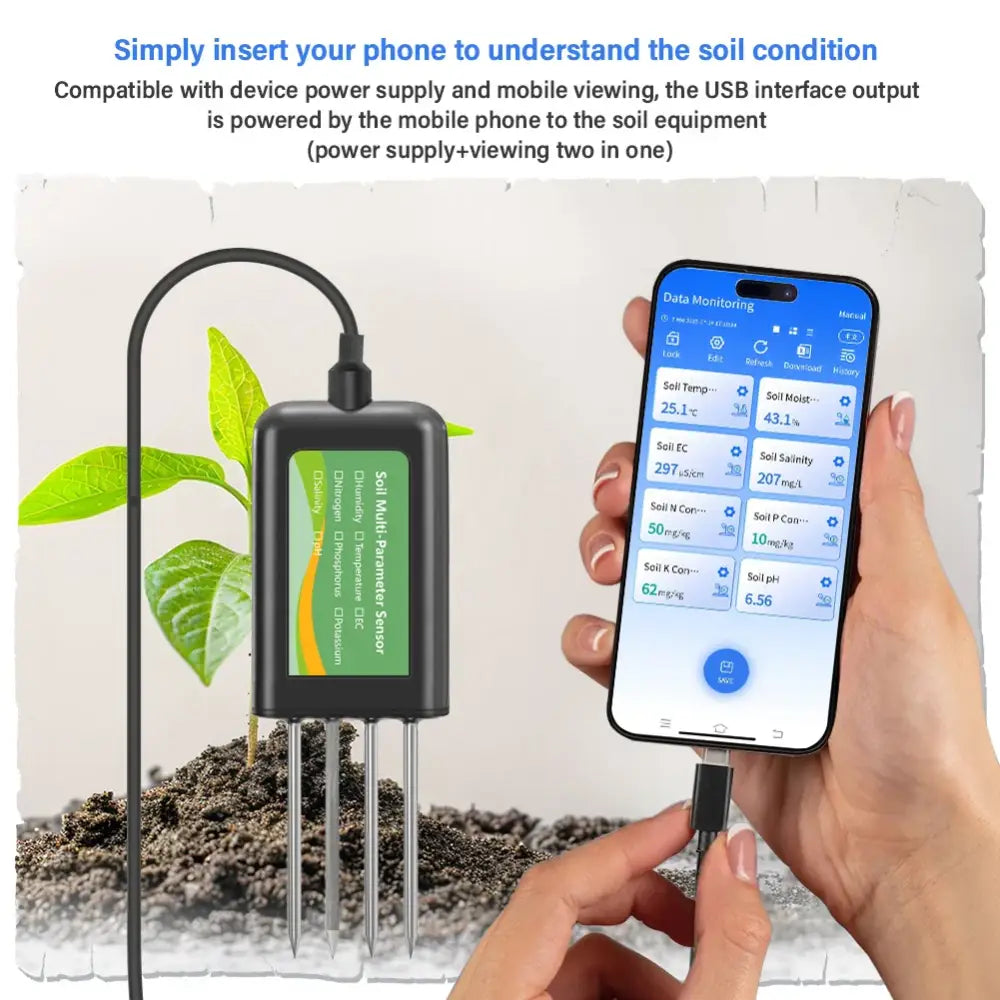 8-in-1 Soil Sensor for pH, EC, Moisture, Temp & NPK Testing