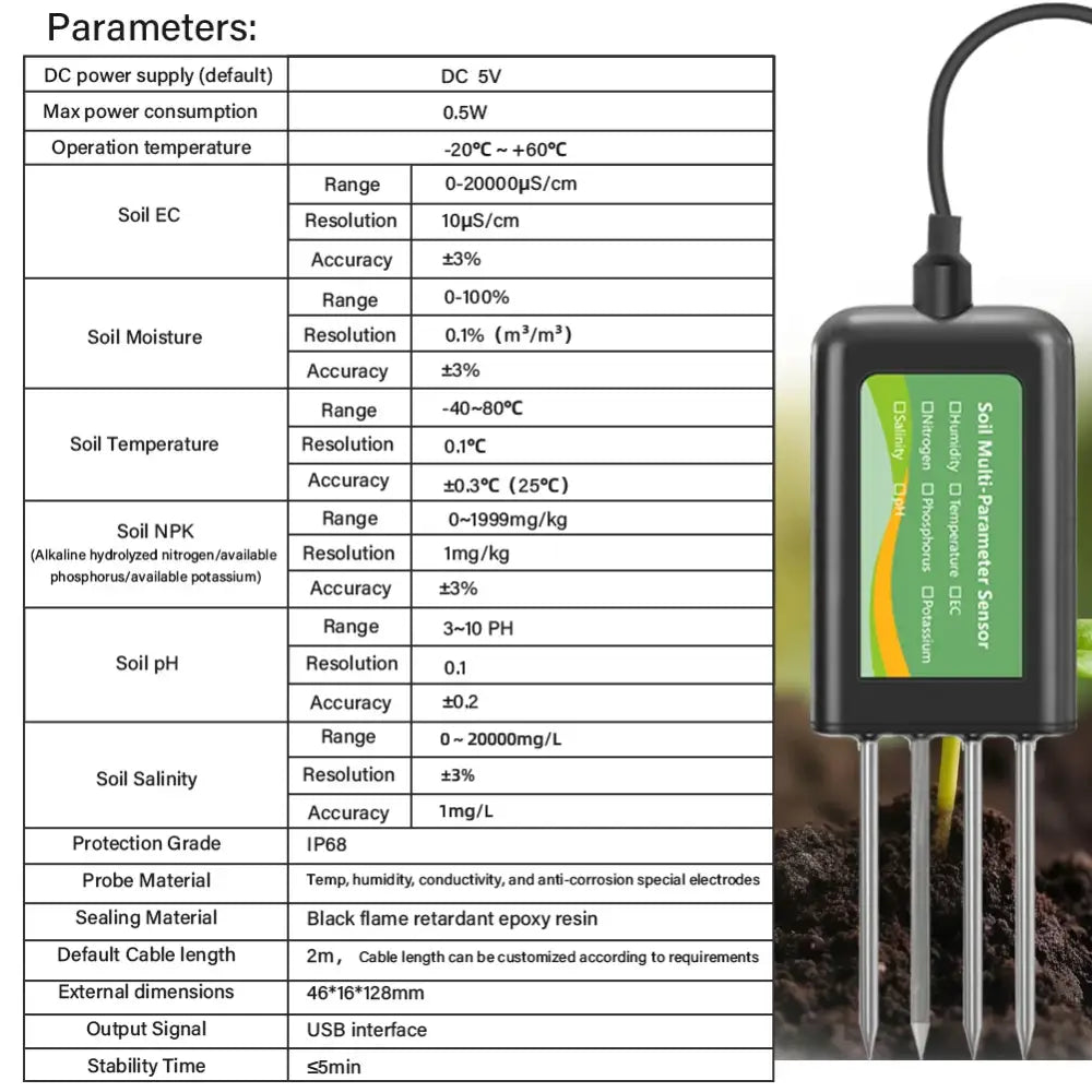8-in-1 Soil Sensor for pH, EC, Moisture, Temp & NPK Testing