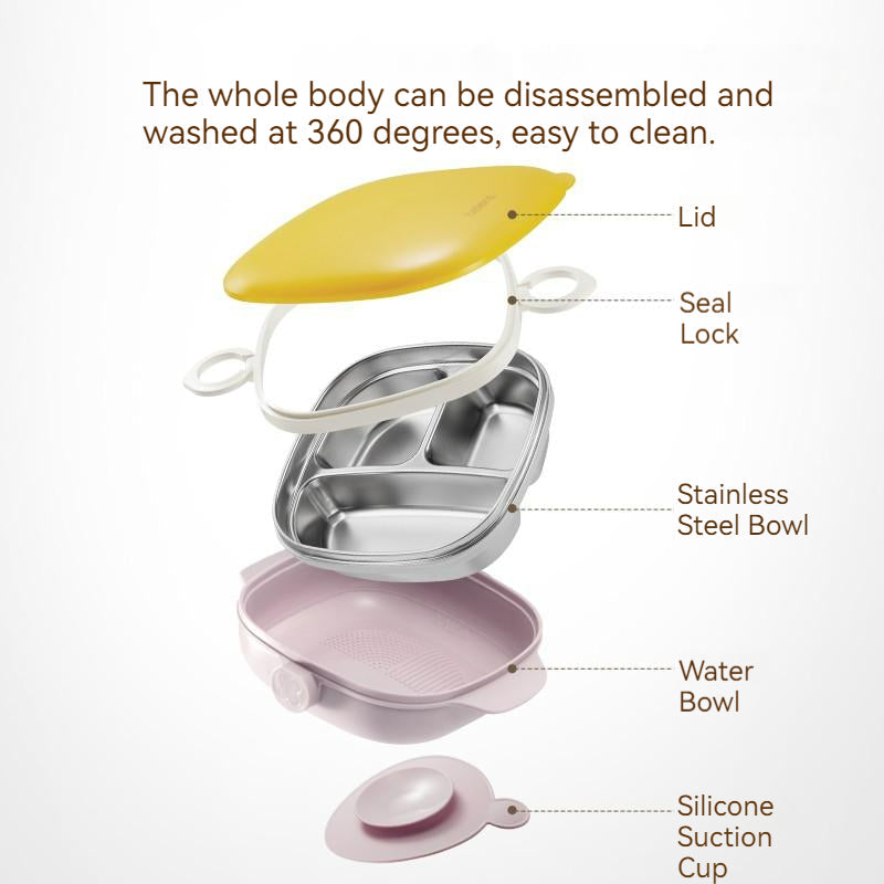 800ml 3 Grids Thermal Stainless Steel Suction Plate /Bowl-Yellow & Lavender