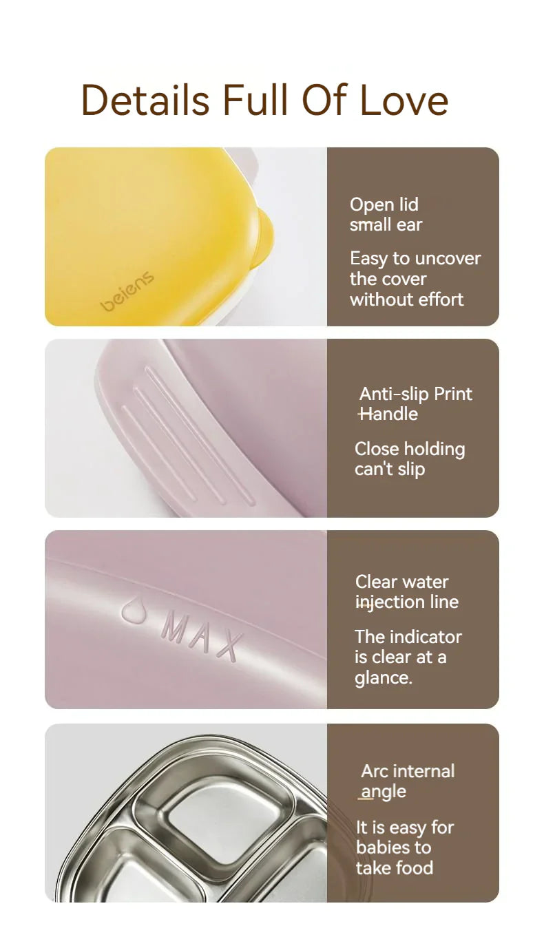 800ml Thermal Stainless Steel 3 Grids Suction Plate /Bowl Tableware -Blue