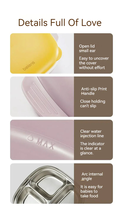 800ml Thermal Stainless Steel 3 Grids Suction Plate /Bowl Tableware -Blue